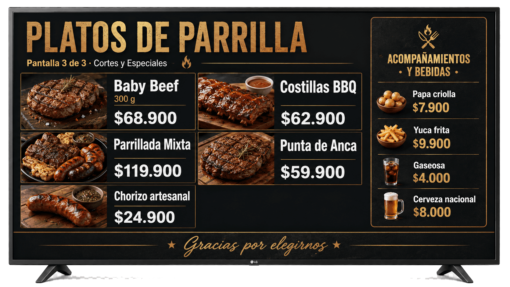 Pantalla TV de menu para parrilla