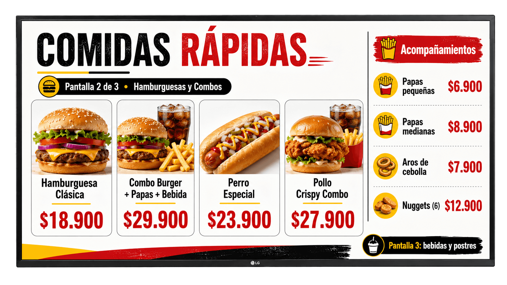 Pantalla TV de menu para comidas rapidas