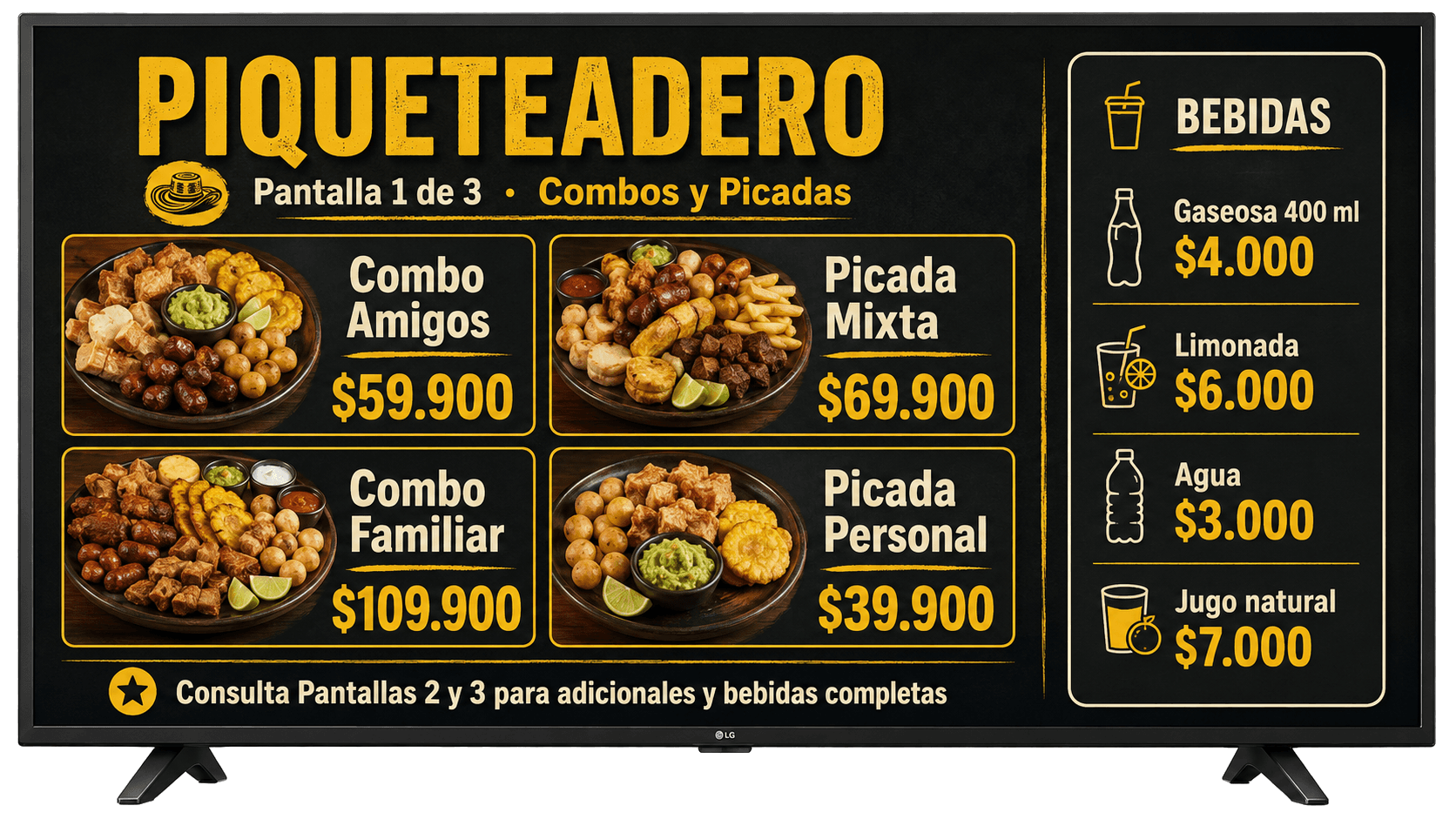 Pantalla TV de menu para piqueteadero